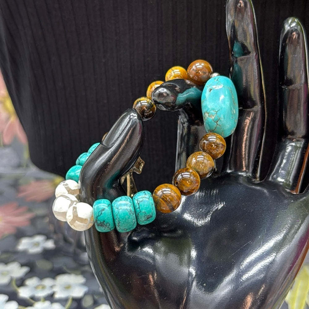 Adorned Crown Jewelry assemblage stretch beaded turquoise cross bracelet