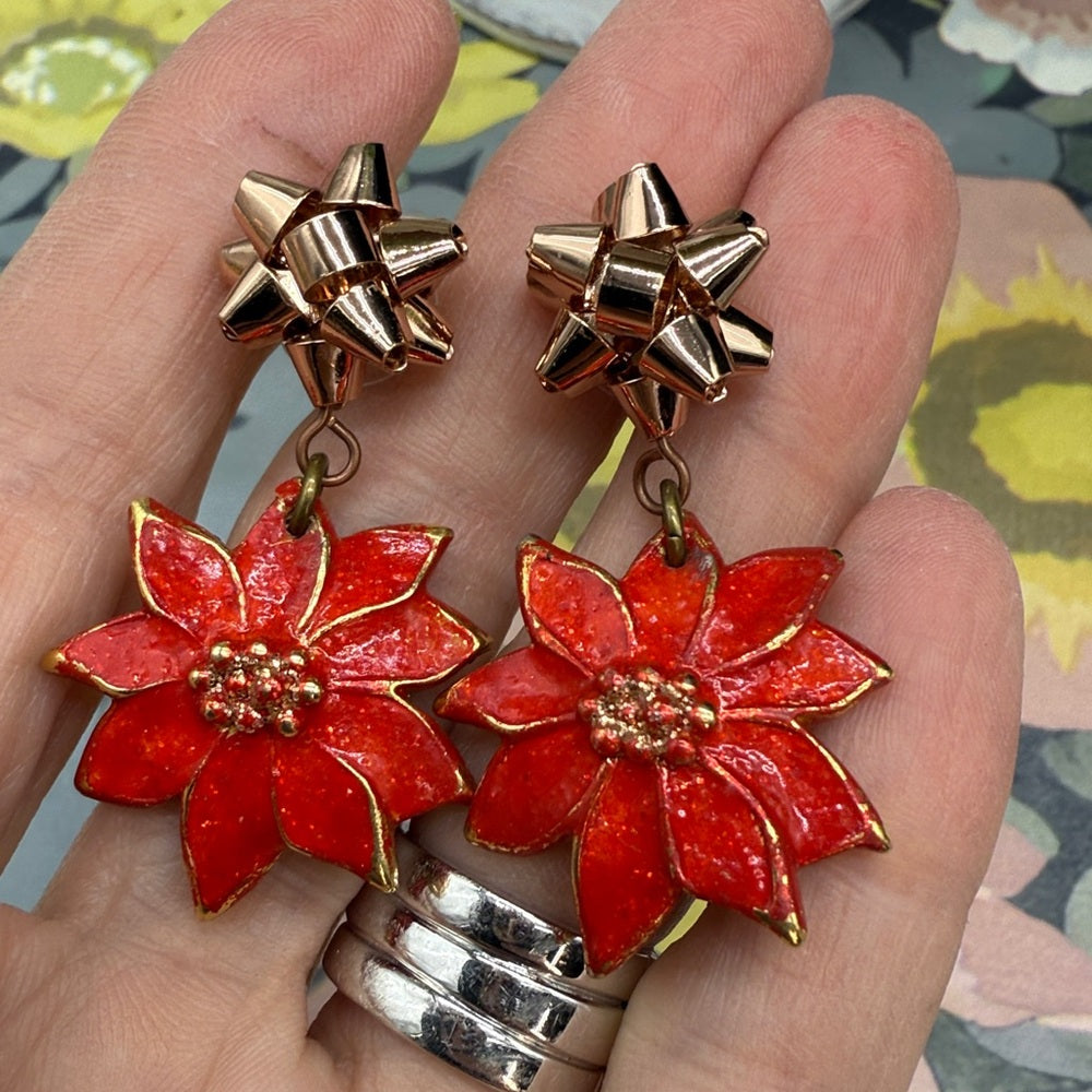 Adorned Crown Jewelry assemblage Christmas bow poinsettia post earrings