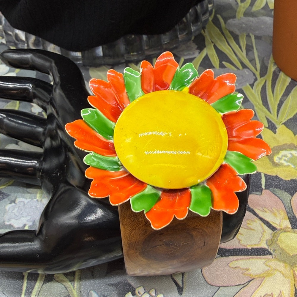 Adorned Crown Jewelry assemblage enamel flower wood bangle bracelet