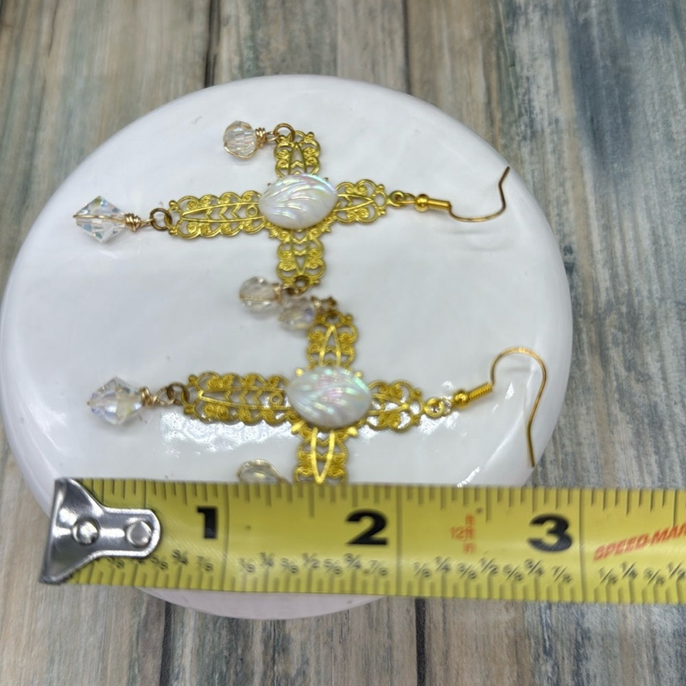 Adorned Crown Jewelry assemblage filigree cross with Czech glass and crystals