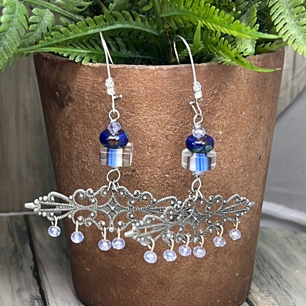 Adorned Crown Artisan Assemblage blue bead filigree chandelier earrings