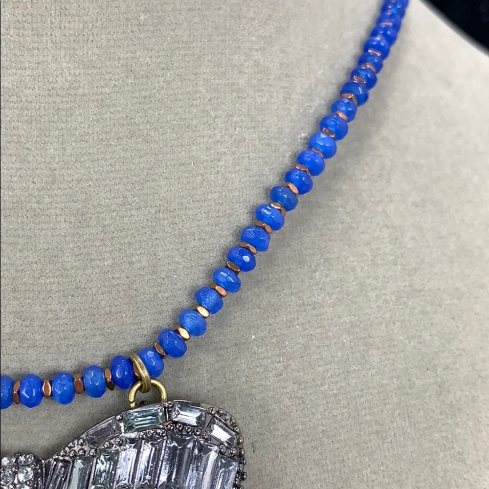 Adorned Crown artisan assemblage gold lapis rhinestone bow necklace