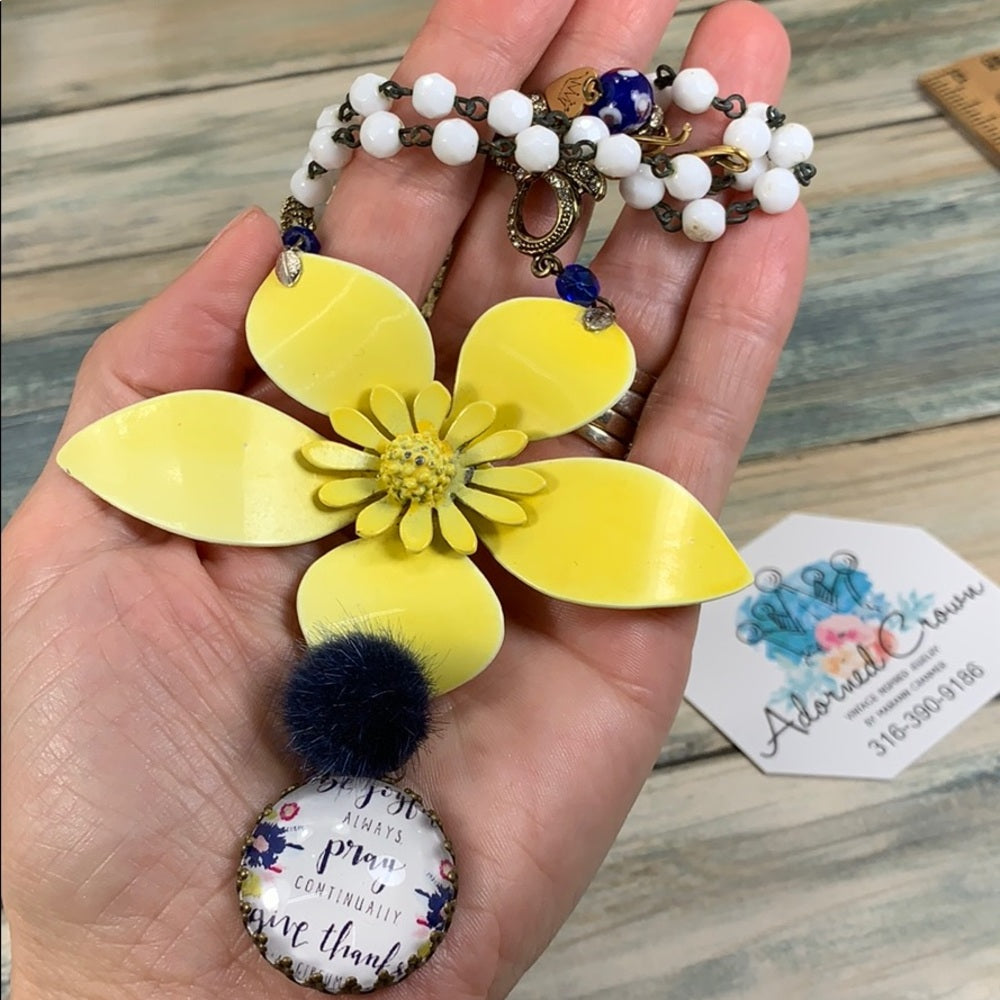 Adorned Crown artisan assemblage yellow enamel flower bow pray necklace