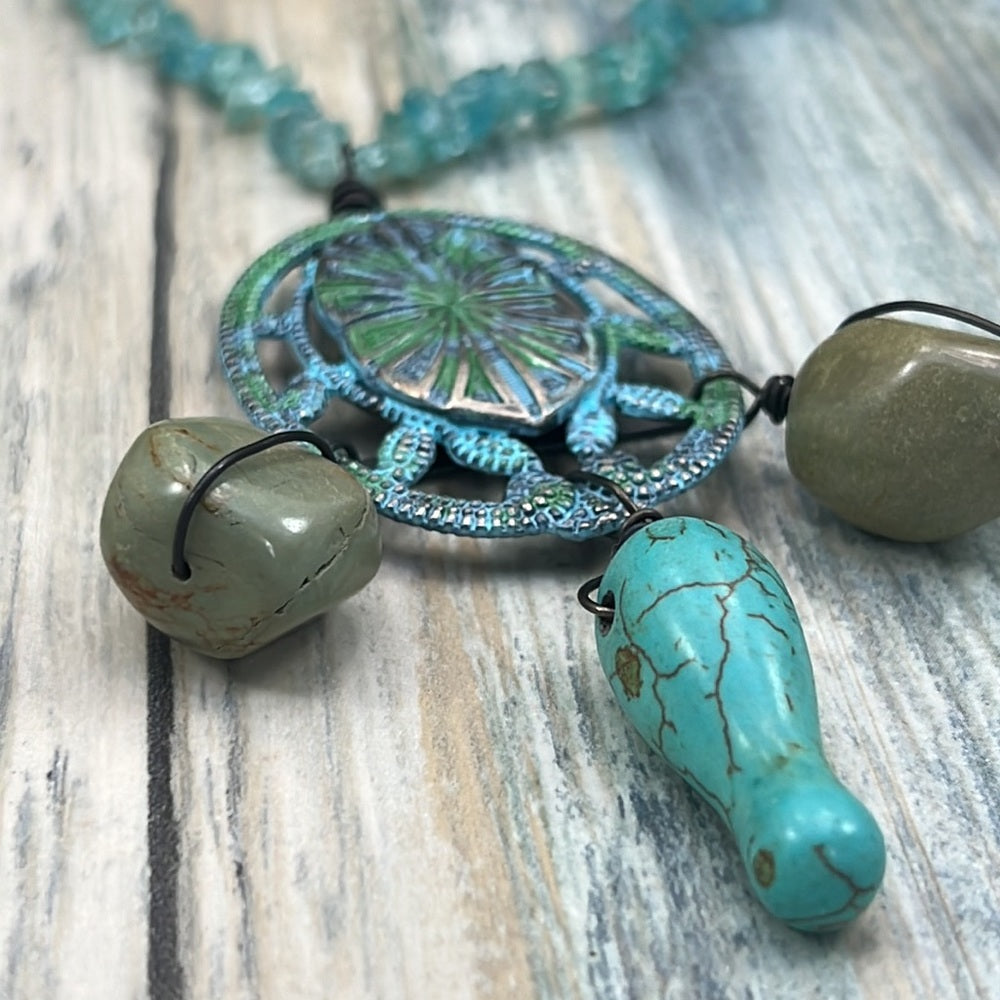 Adorned Crown necklace artisan assemblage fluorite turquoise stone & metal