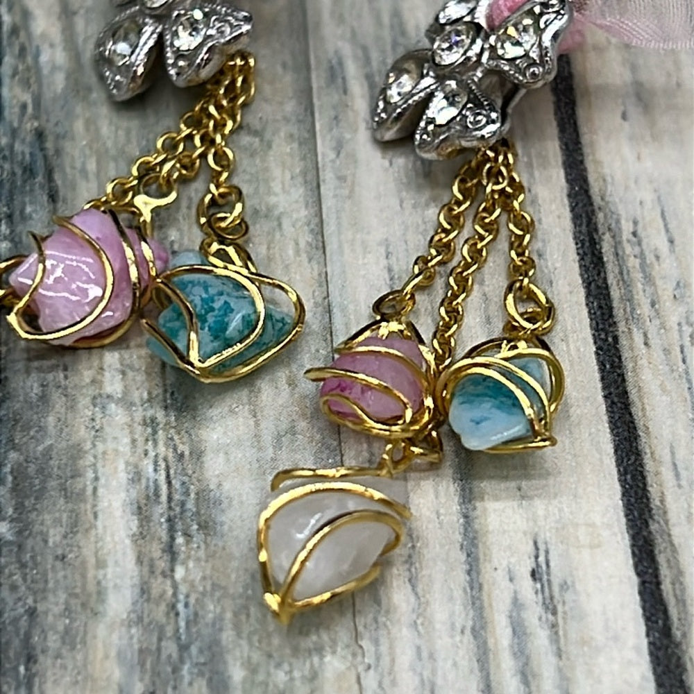 Adorned Crown Jewelry assemblage pink rhinestone bow triple stone earrings