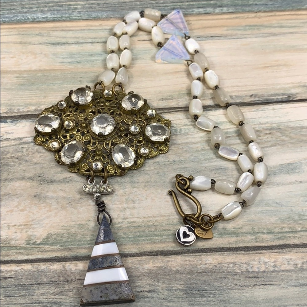 Adorned Crown artisan assemblage crystal & moonstone & pearl necklace
