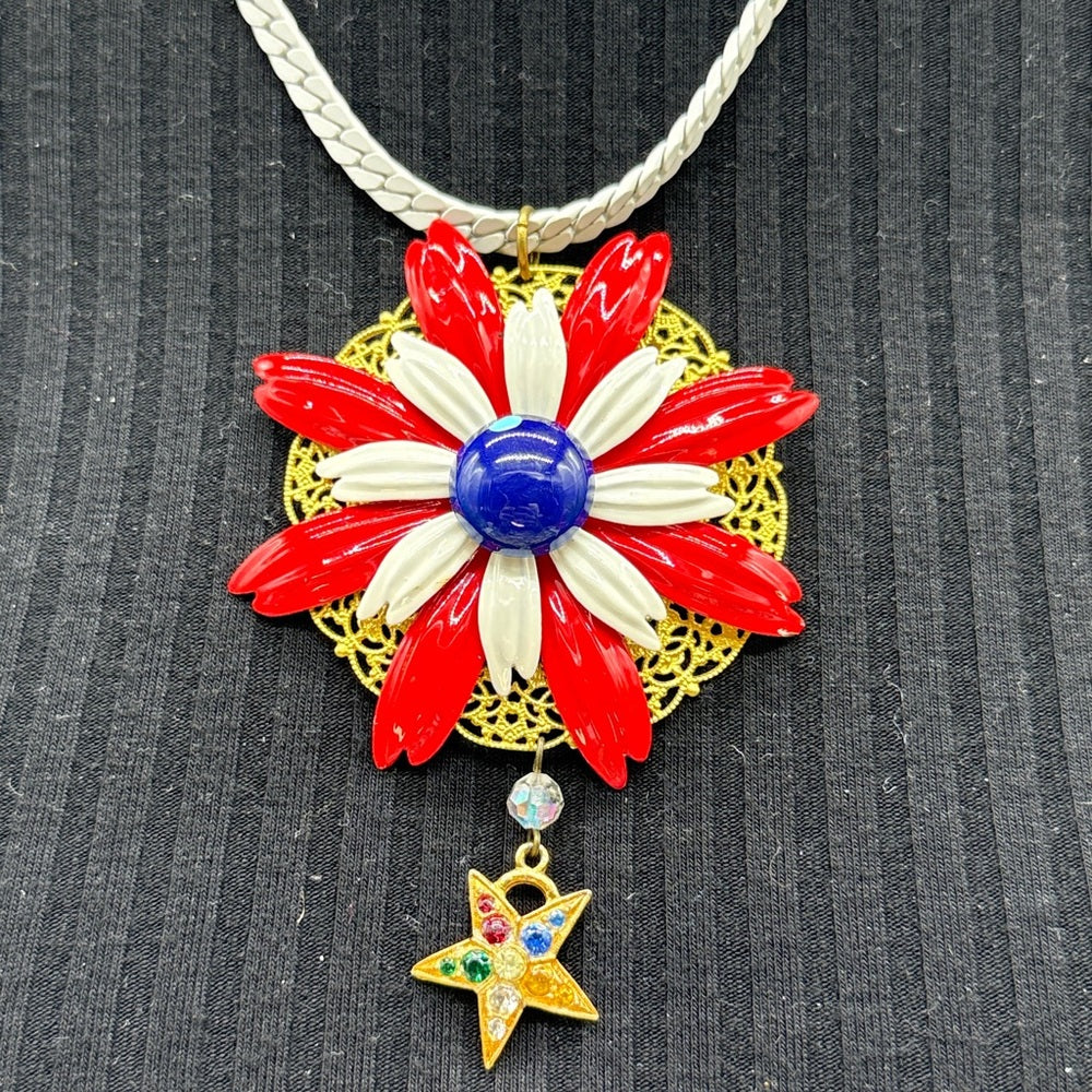 Adorned Crown Jewelry assemblage red white blue enamel flower Star necklace