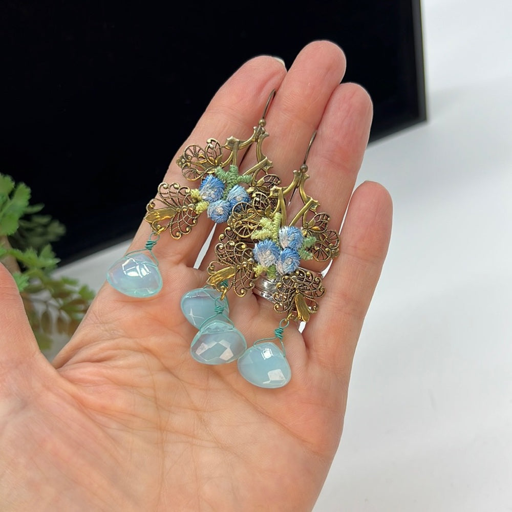 Adorned Crown Jewelry blue flower faceted briolette drop filigree earrings