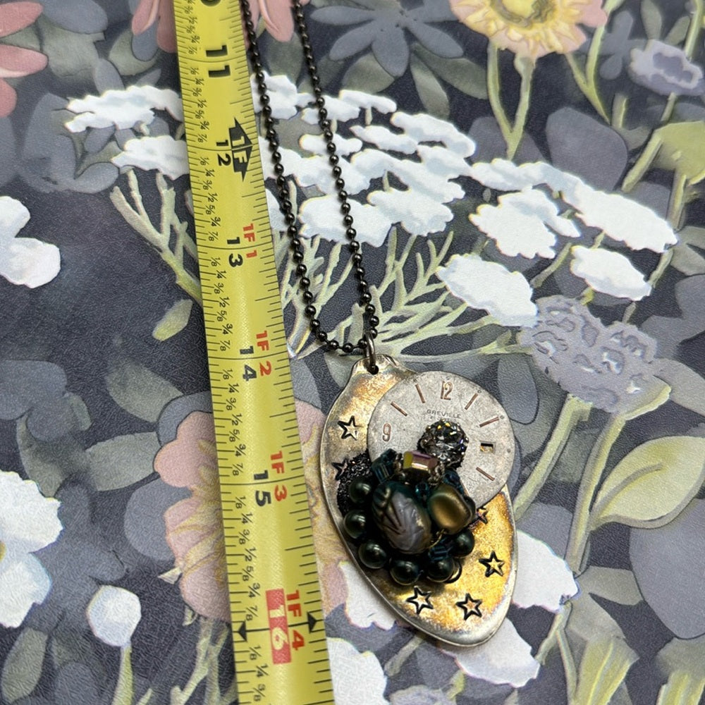 Adorned Crown Jewelry assemblage spoon watch face stars cluster long necklace
