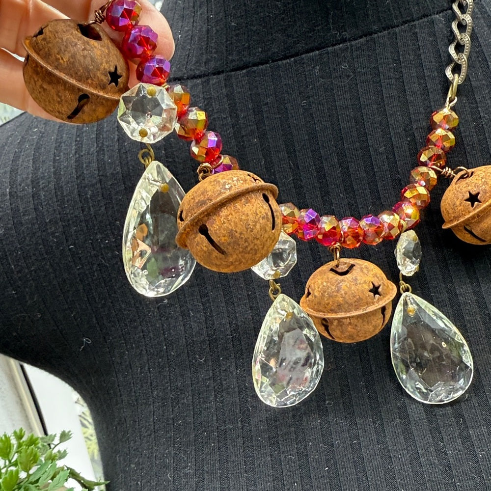 Adorned Crown Jewelry assemblage Christmas rusty jingle bell crystal necklace