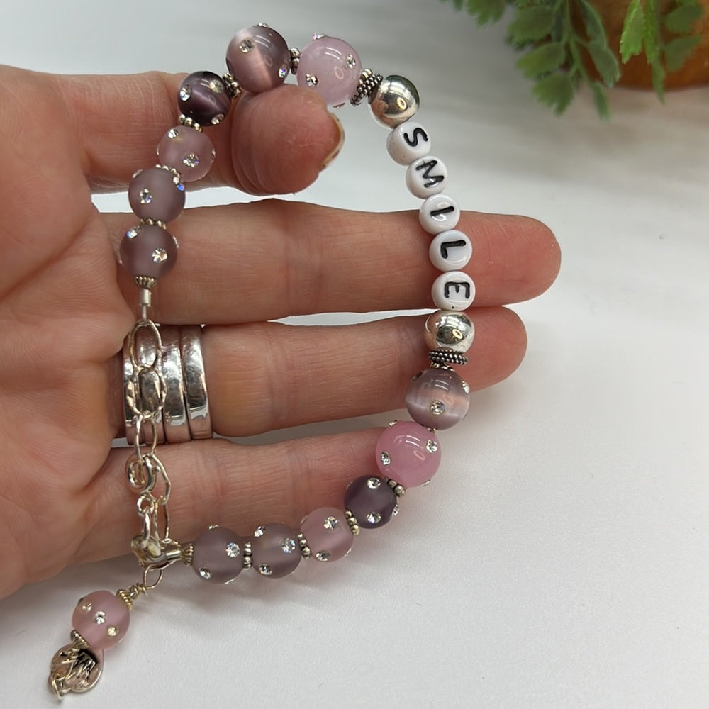 Adorned Crown Jewelry SMILE beaded sterling silver pink rhinestone bracelet