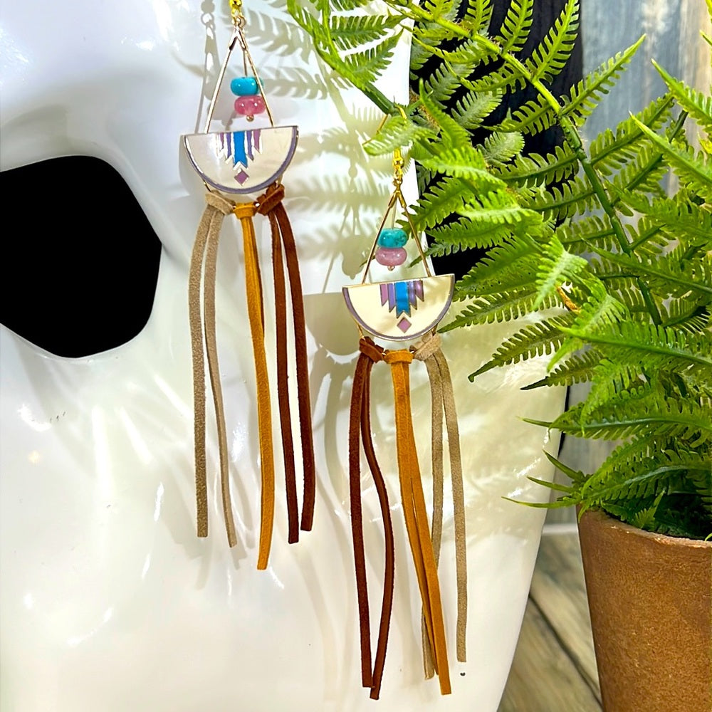 Adorned Crown cowgirl collection turquoise enamel leather tassel earrings