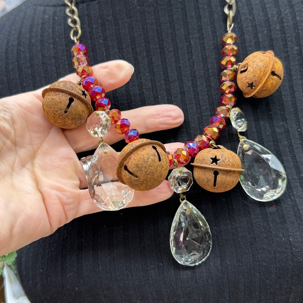 Adorned Crown Jewelry assemblage Christmas rusty jingle bell crystal necklace