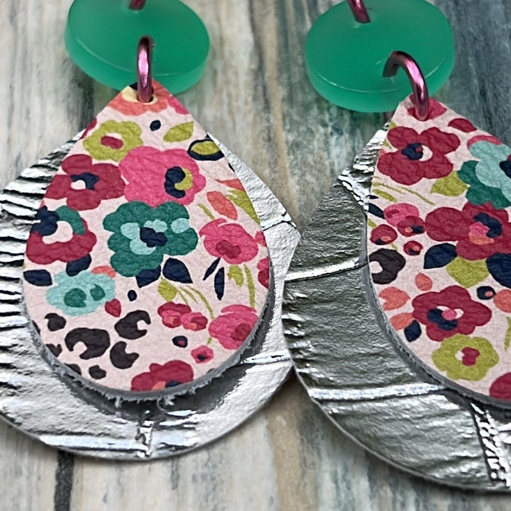 Adorned Crown Artisan Assemblage leather double acrylic floral earrings