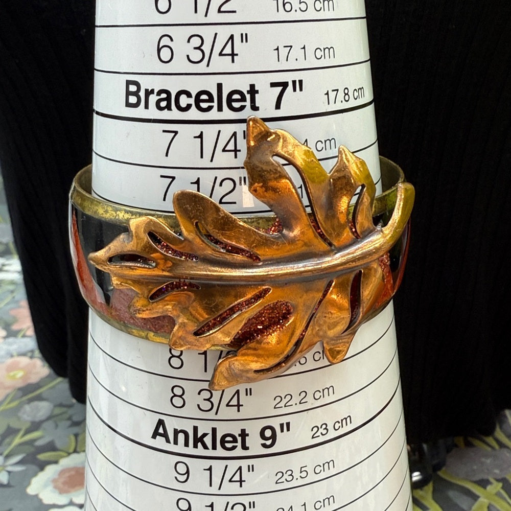 Adorned Crown Jewelry assemblage brass leaf inlaid fall autumn bangle bracelet