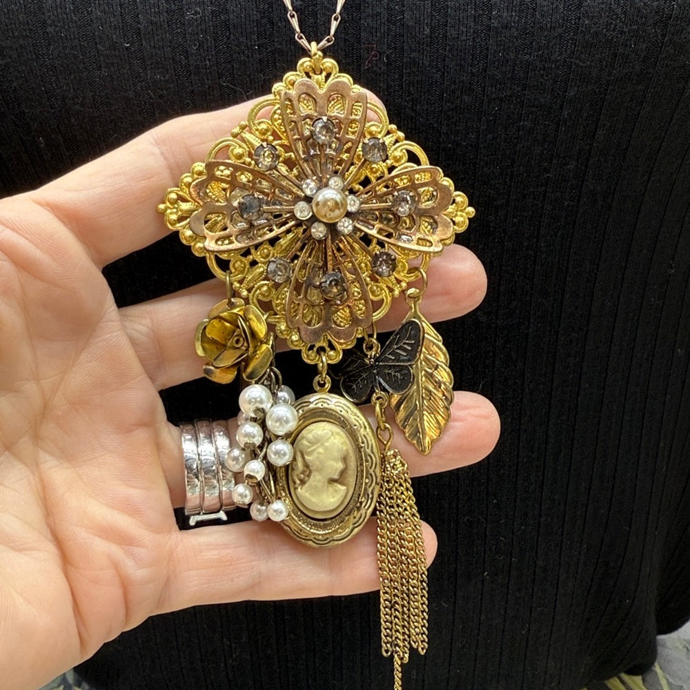 Adorned Crown Jewelry assemblage filigree and charm crystal long necklace