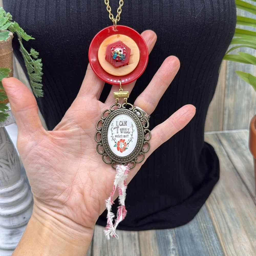 Adorned Crown Jewelry assemblage button bezel I can I will watch me necklace