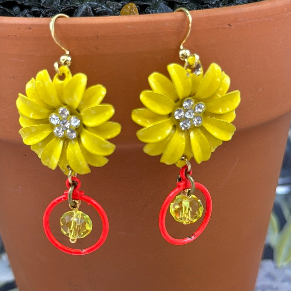 Adorned Crown yellow enamel daisy flower neon circle drop crystal earrings