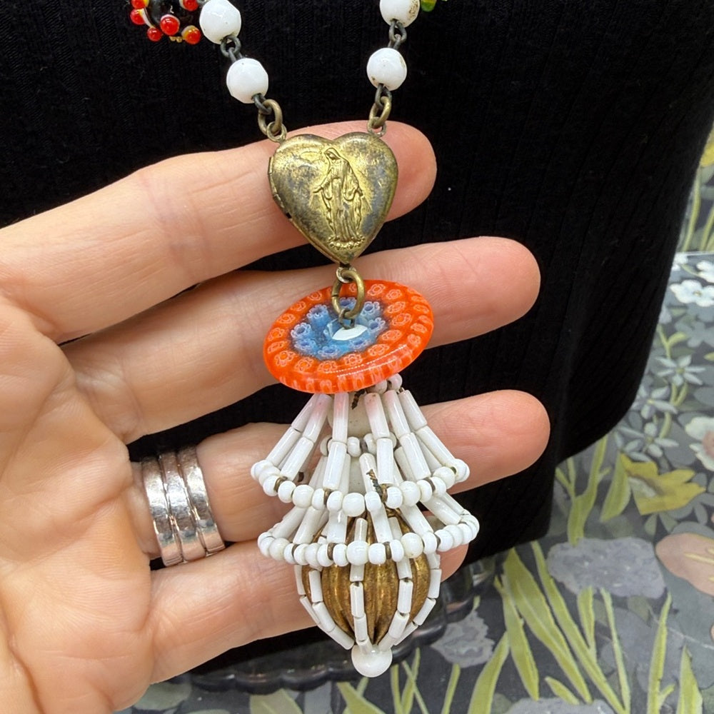 Adorned Crown Jewelry assemblage vintage white glass lamp work bead necklace