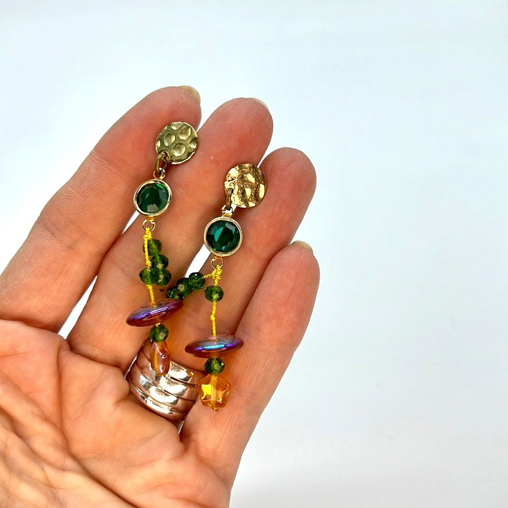 Adorned Crown Jewelry yellow green Czech glass crystal star bead earrings
