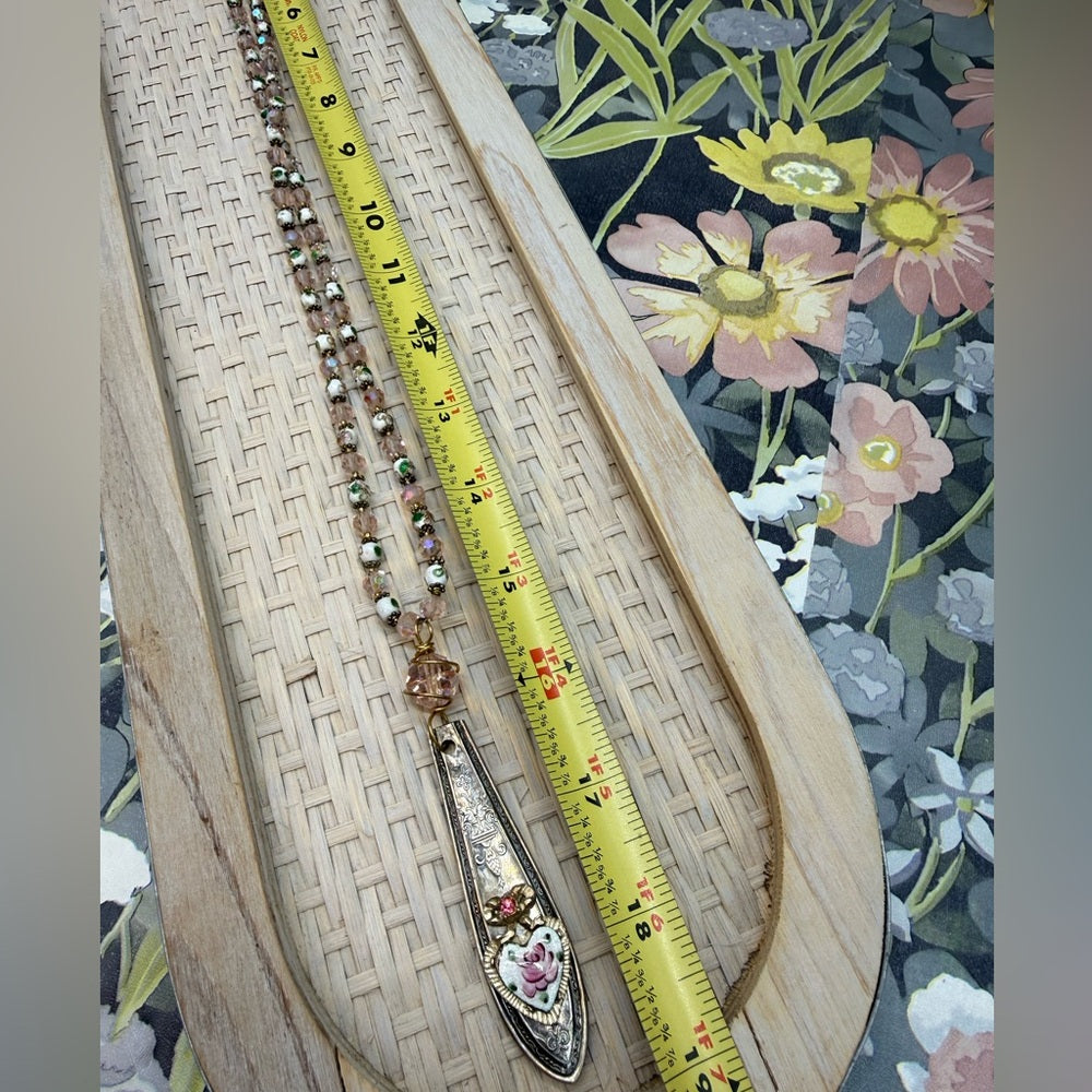 Adorned Crown Jewelry assemblage pink cloisonné crystal bead spoon necklace