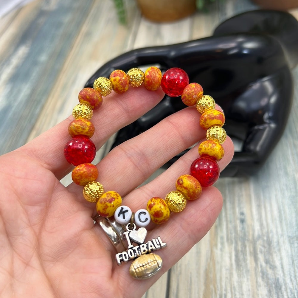 Adorned Crown Kansas City Chiefs KC football red gold stretch bracelet set C