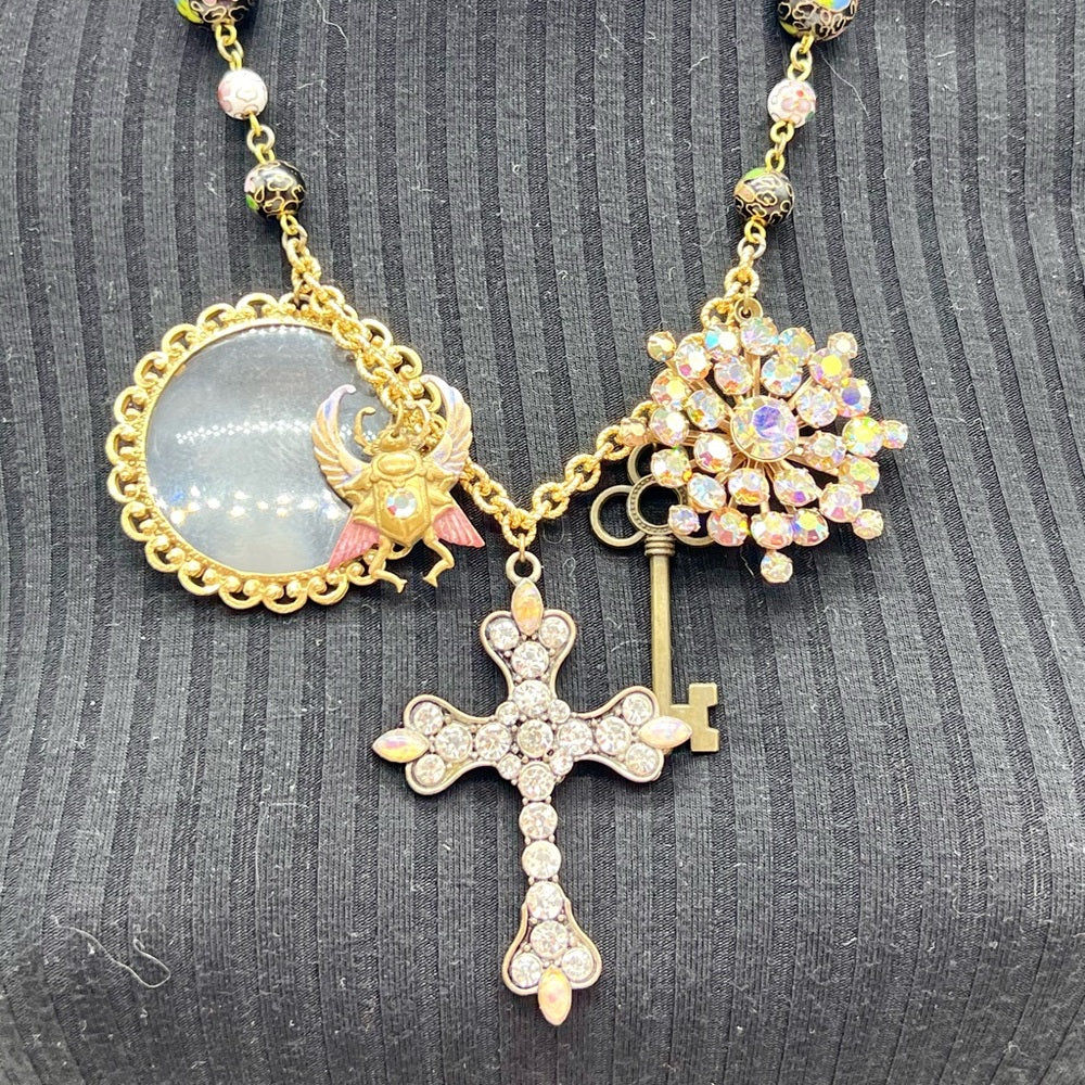Adorned Crown Jewelry assemblage rhinestone cross eyeglass scarab necklace