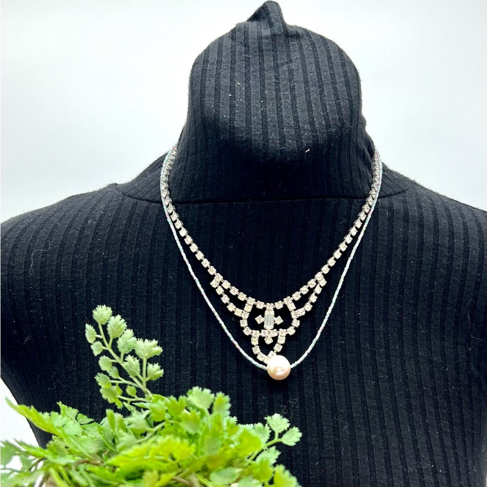 Adorned Crown Jewelry double strand beaded pearl rhinestone choker necklace