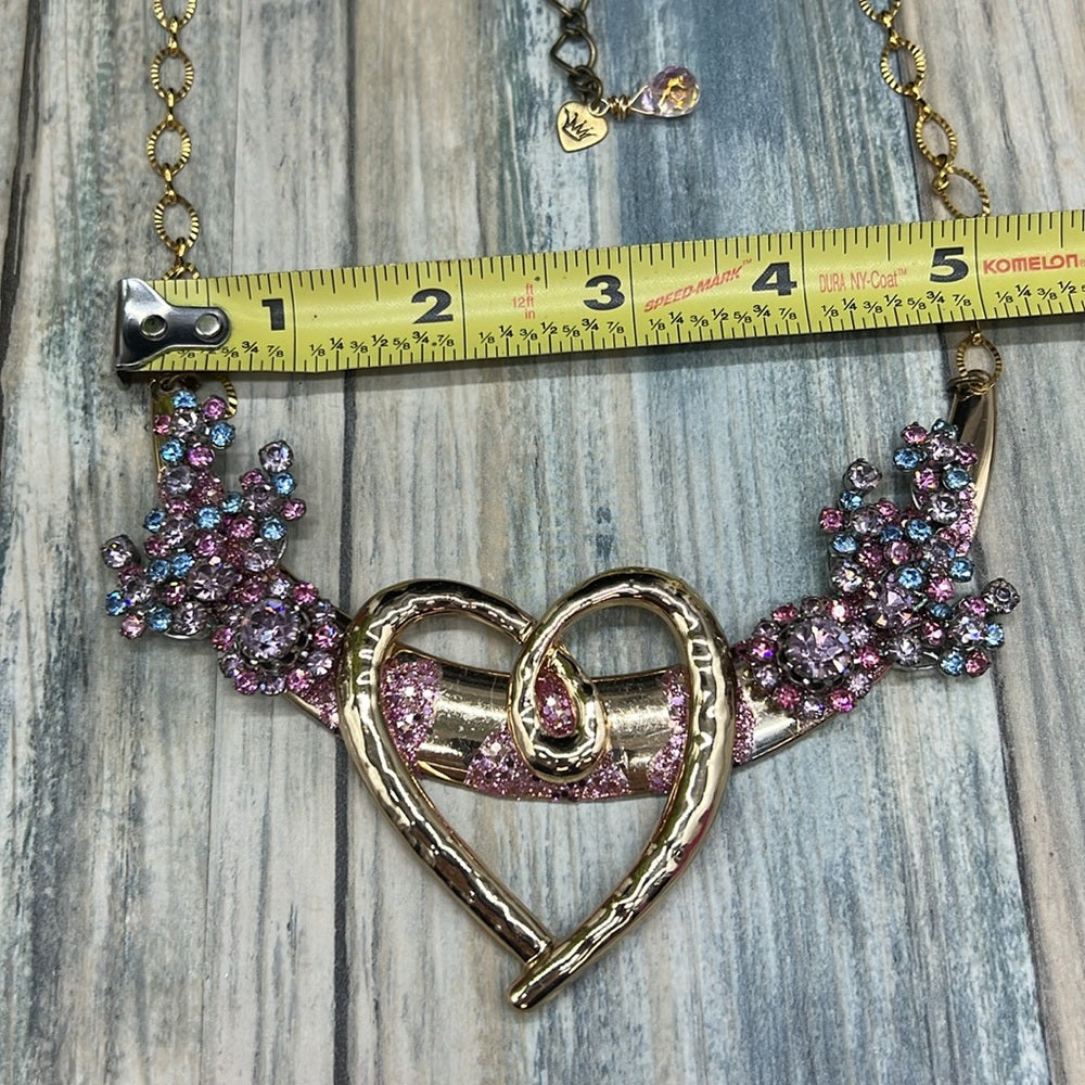 Adorned Crown Jewelry pink blue rhinestone heart bib necklace