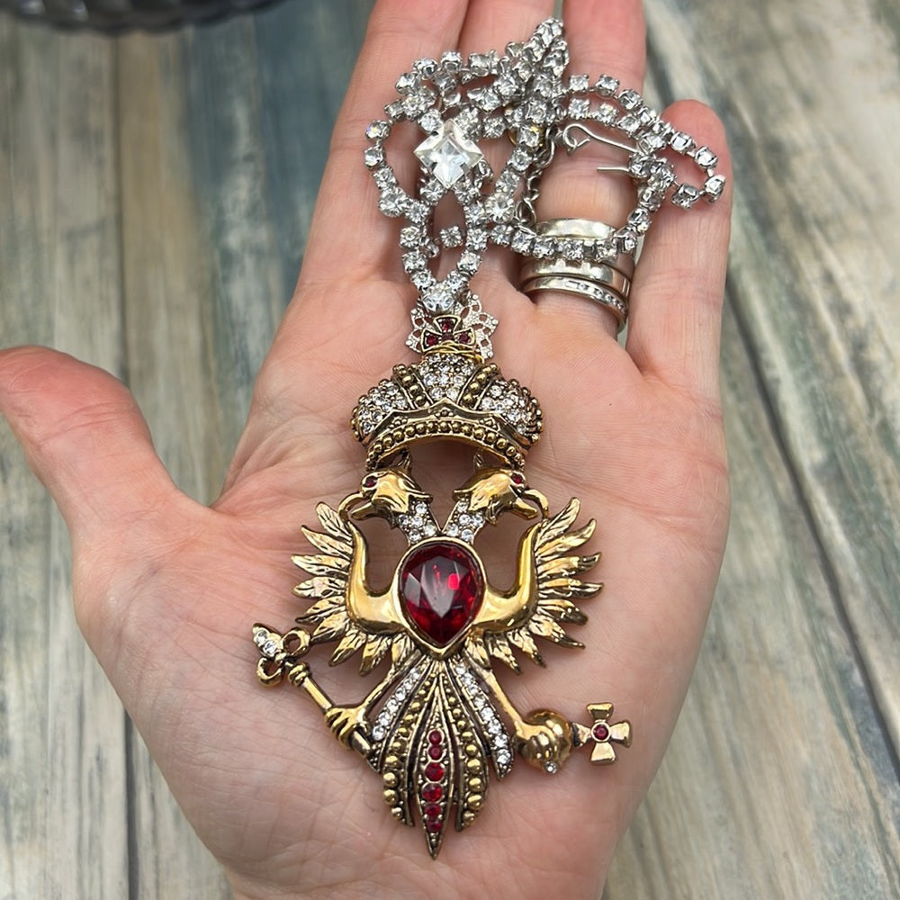 Adorned Crown Artisan Assemblage red eagle crest rhinestone necklace