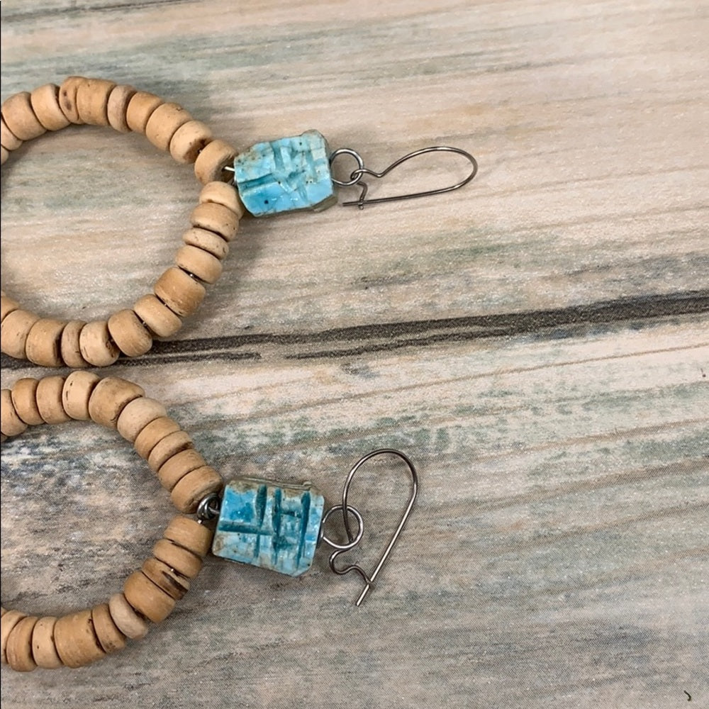Adorned Crown artisan assemblage coconut bead scarab beach earrings