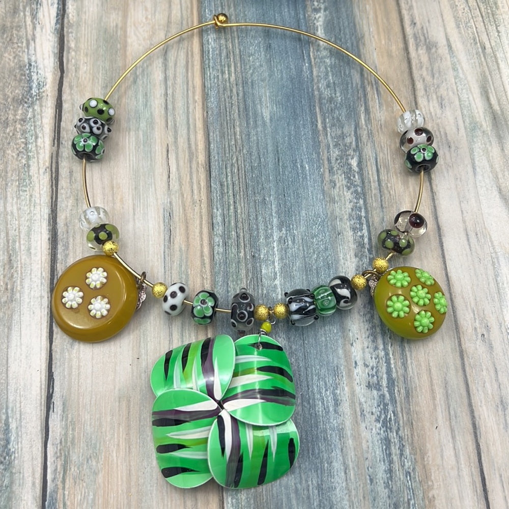 Adorned Crown Artisan Assemblage flower lucite glass beads collar necklace