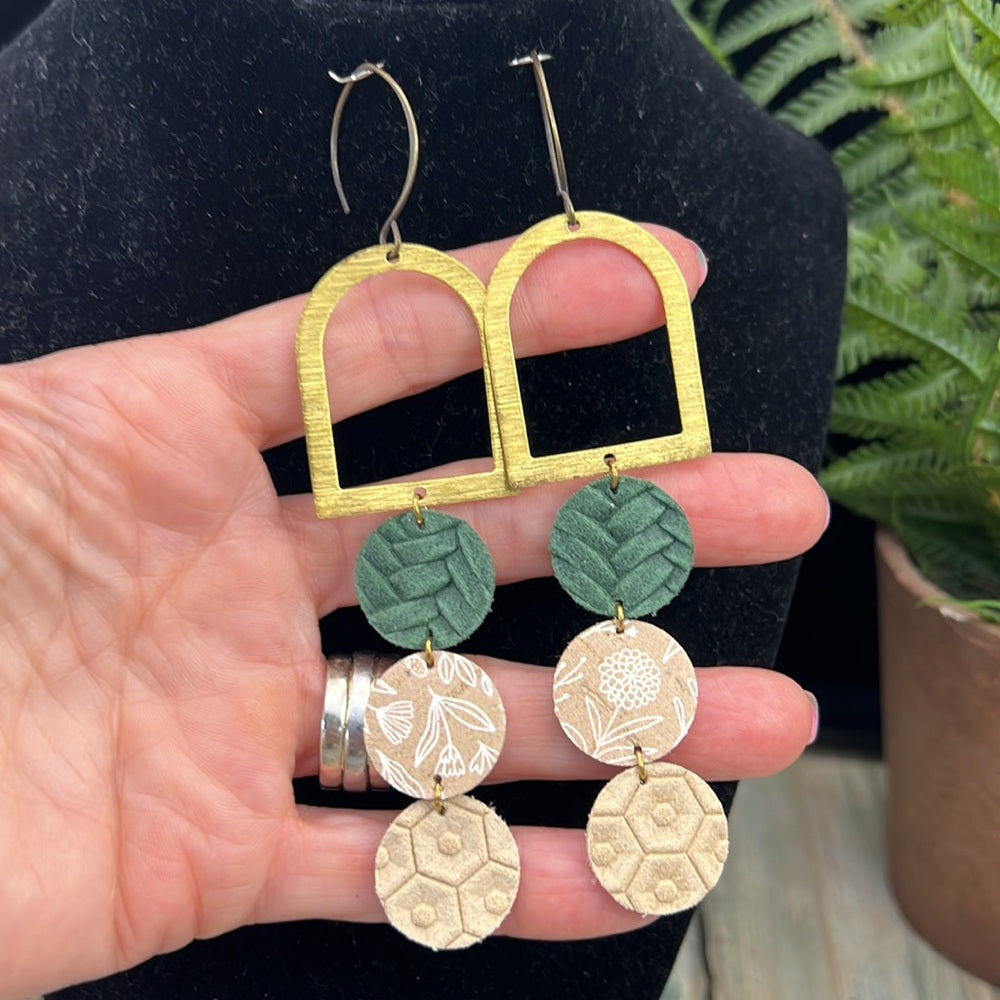 Adorned Crown Artisan Assemblage green leather brushed brass arch earrings