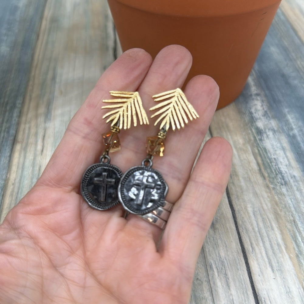 Adorned Crown Jewelry assemblage leaf post cross charm crystal earrings
