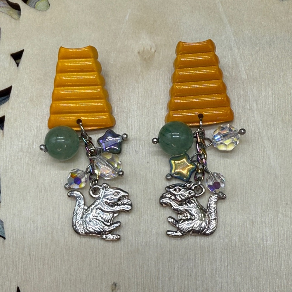 Adorned Crown Jewelry assemblage green jade squirrel enamel post earrings