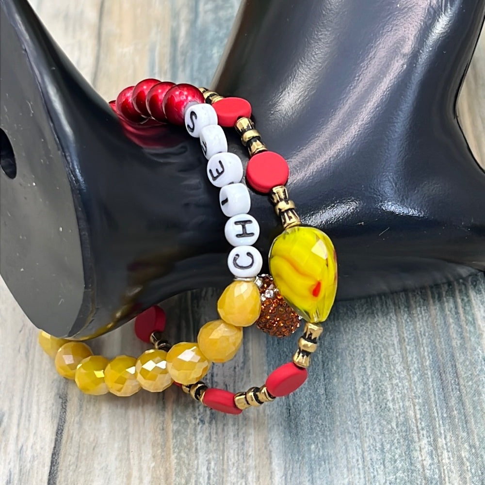 Adorned Crown Kansas City Chiefs KC football red gold stretch bracelet set E