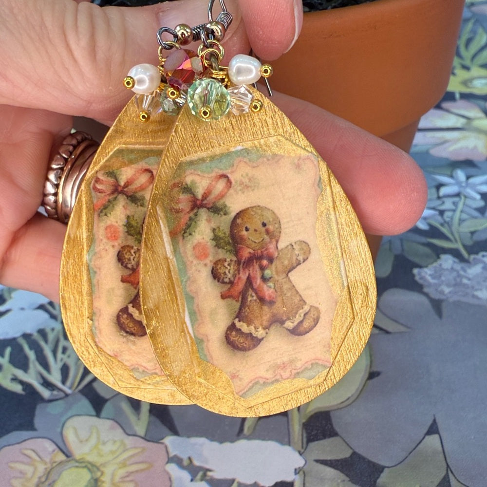 Adorned Crown Jewelry assemblage Victorian gingerbread man Christmas earrings
