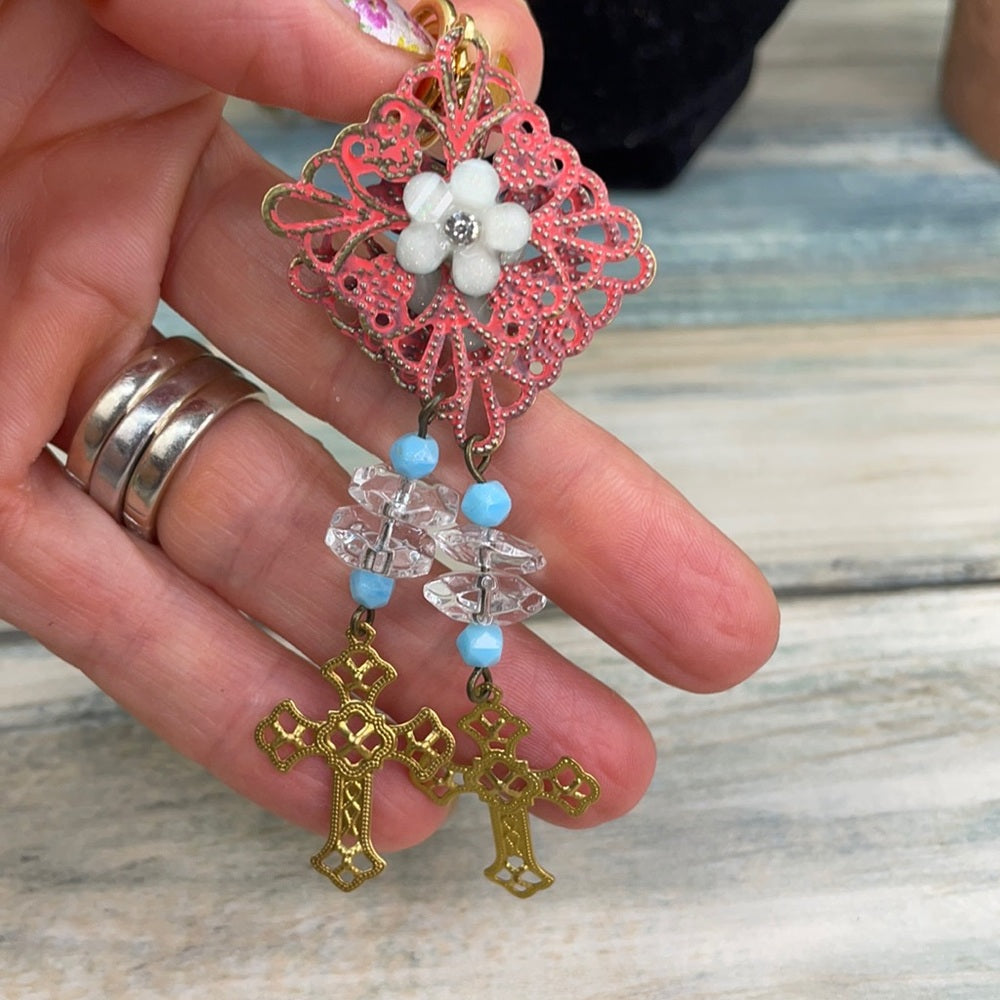 Adorned Crown artisan assemblage faith filigree cross lightweight earrings