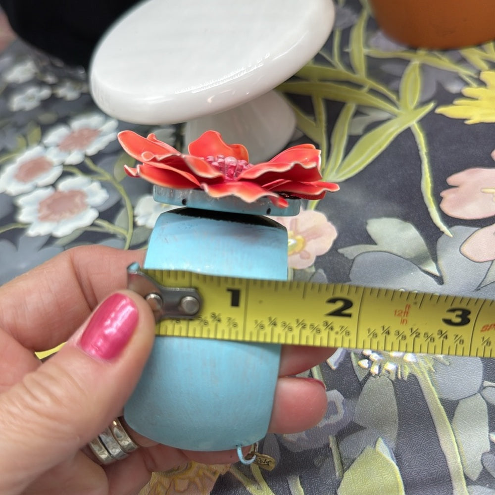 Adorned Crown Jewelry assemblage enamel salmon flower on teal cuff bracelet