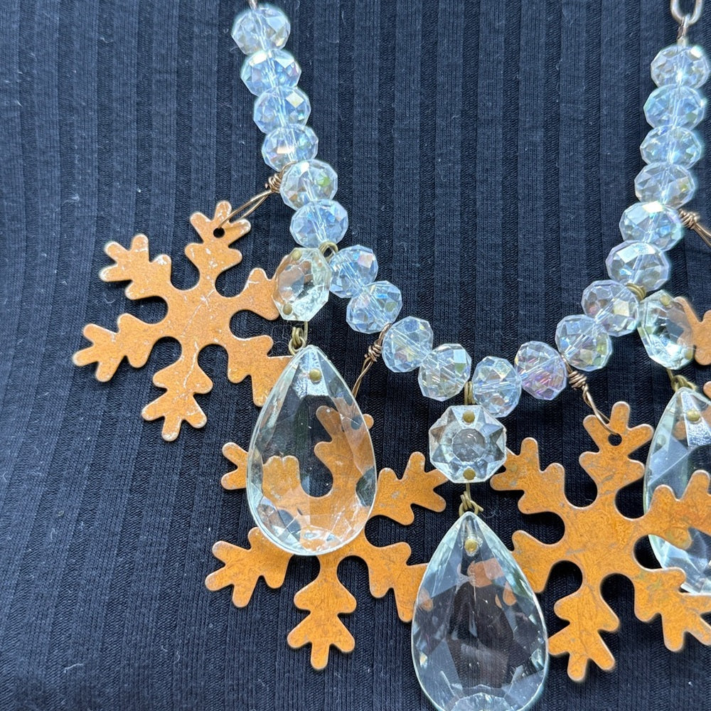 Adorned Crown Jewelry assemblage Christmas rusty snowflake crystal necklace
