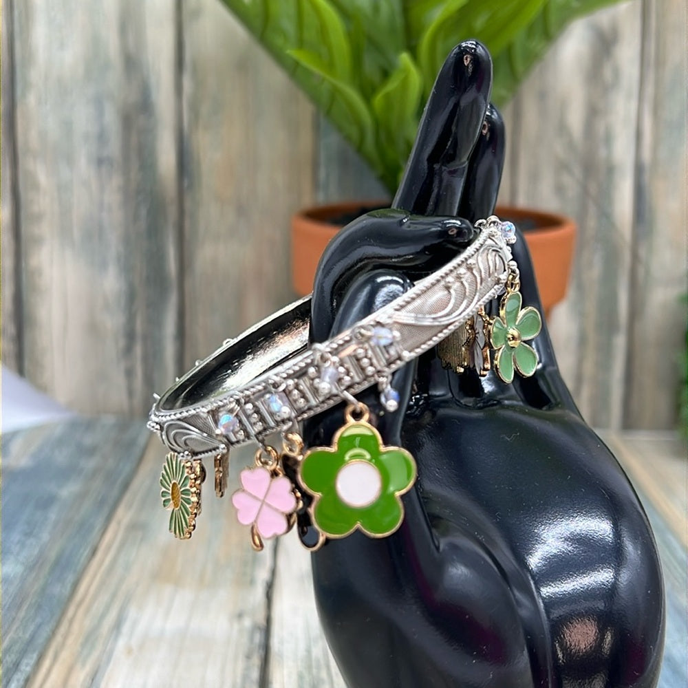 Adorned Crown Jewelry assemblage silver flower enamel charm bangle bracelet