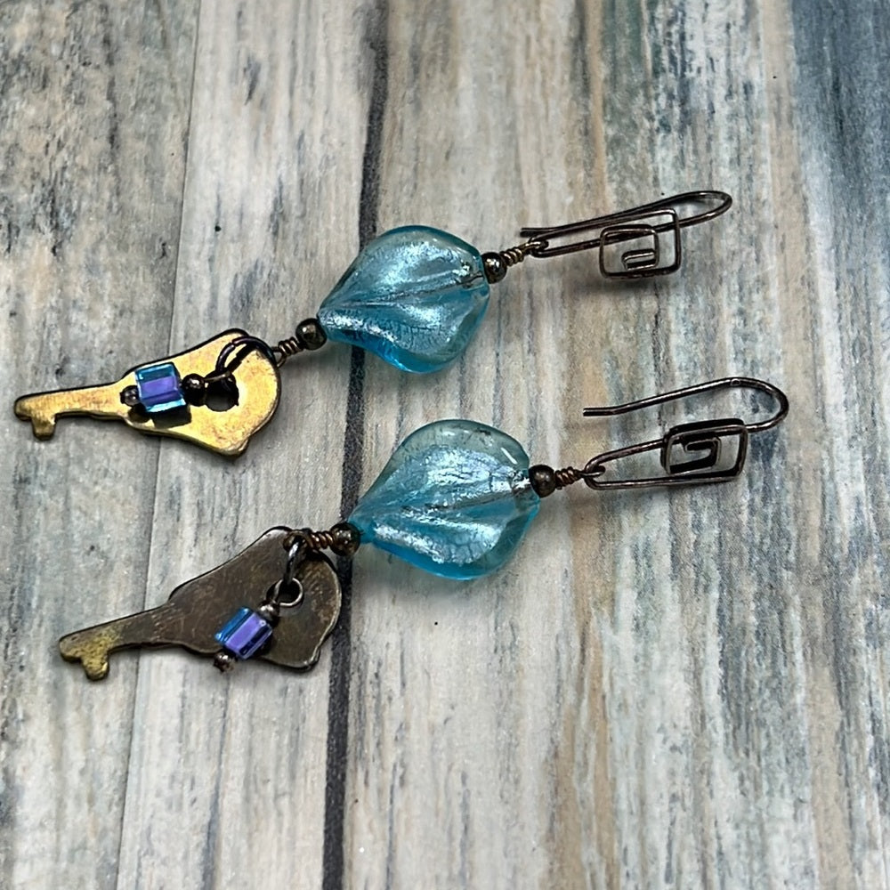 Adorned Crown Artisan Assemblage swirl bead key sterling wire earrings