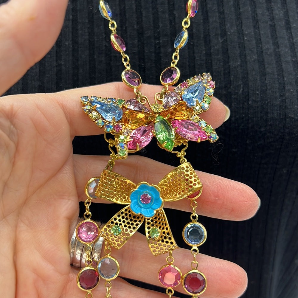 Adorned Crown Jewelry rhinestone butterfly enamel bow pastel chain necklace