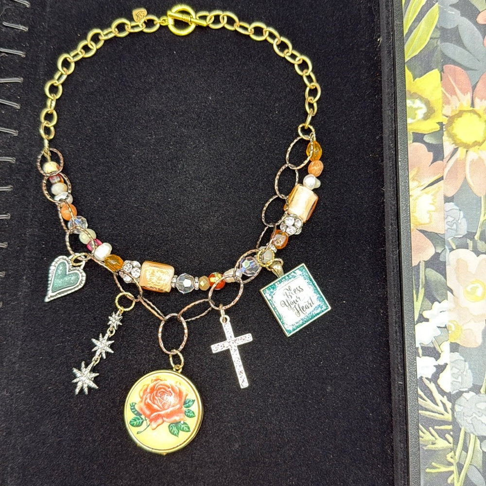 Adorned Crown Jewelry assemblage bless your heart rose locket charm necklace