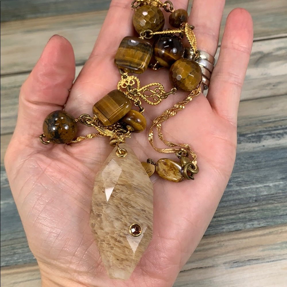 Adorned Crown artisan assemblage quartz agate tigers eye stone bead necklace