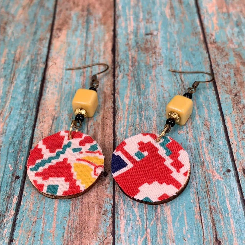Adorned Crown vintage fabric wood disc lightweight earrings red yellow