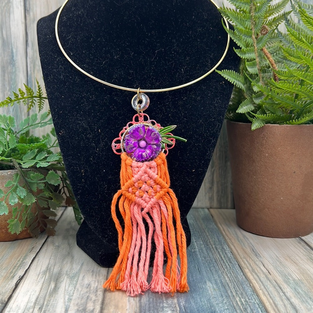 Adorned Crown Artisan Assemblage macramé enamel flower collar necklace