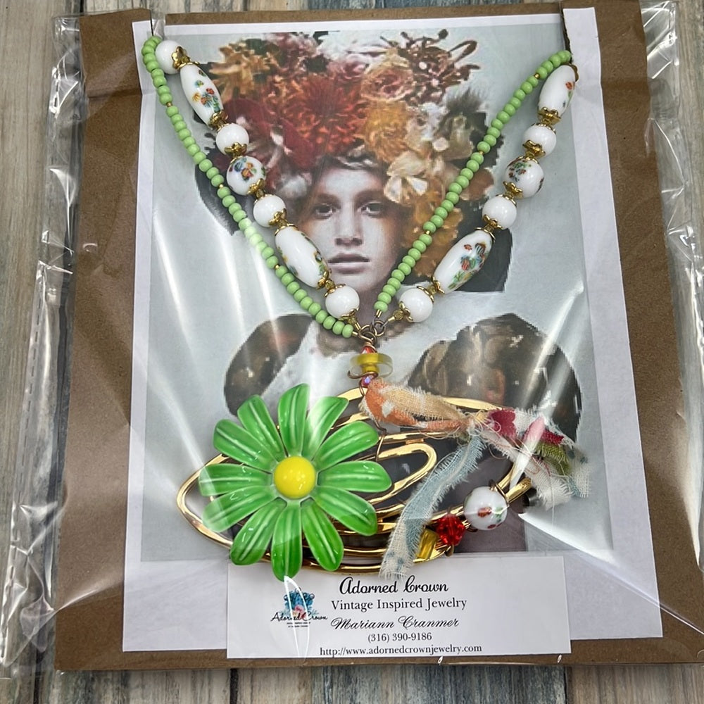 Adorned Crown Jewelry Artisan Assemblage atomic green enamel flower necklace