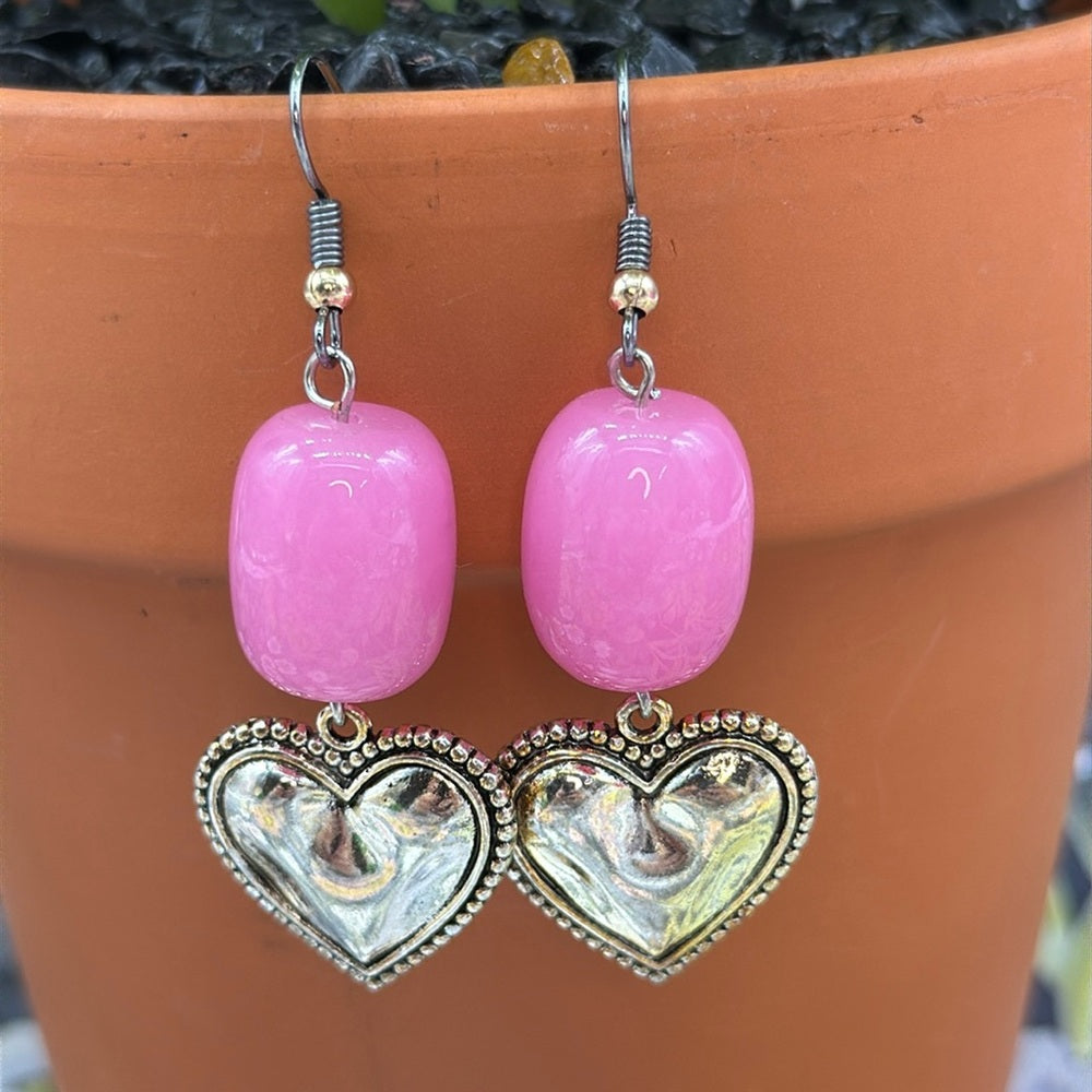 Adorned Crown rose quartz pink bead textured heart earrings