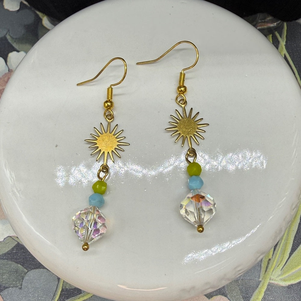Adorned Crown Jewelry assemblage vintage Crystal sun burst blue green earrings